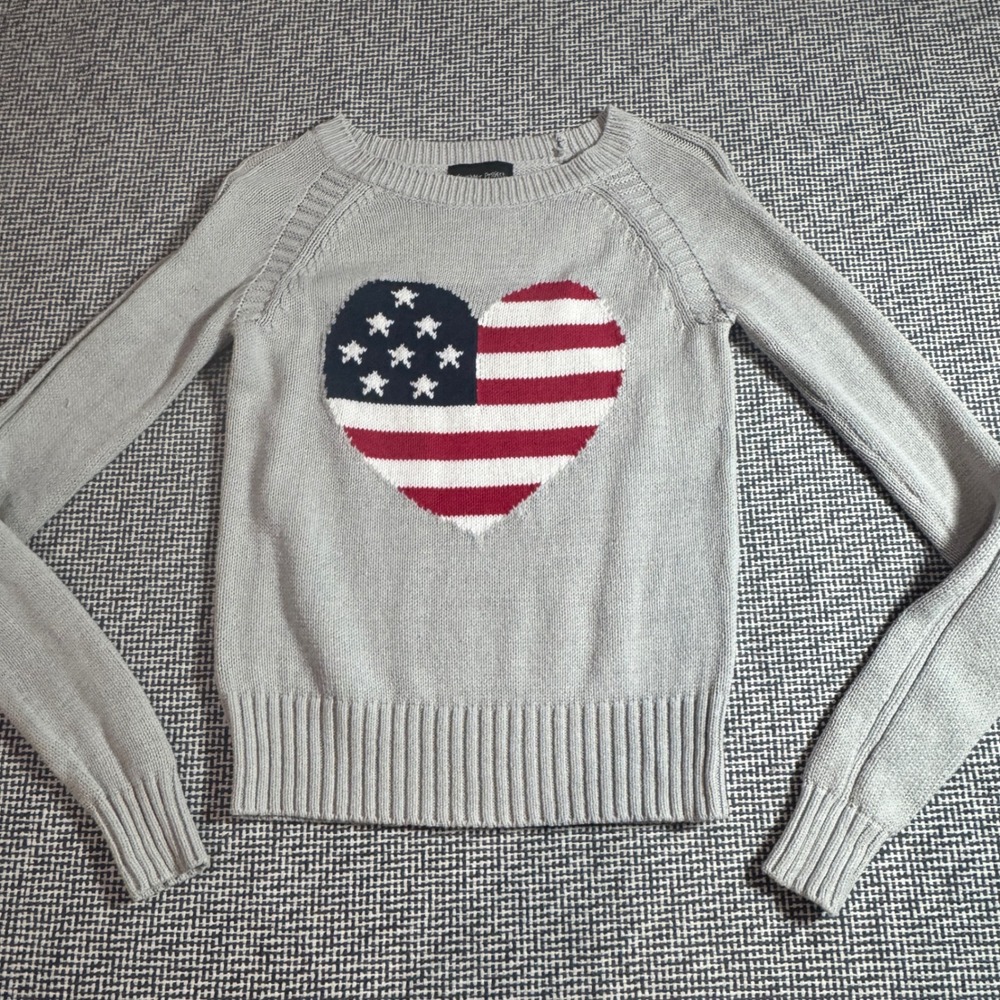 Sweater Project Womens Small Gray American Flag Heart Raglan Knit Sweater